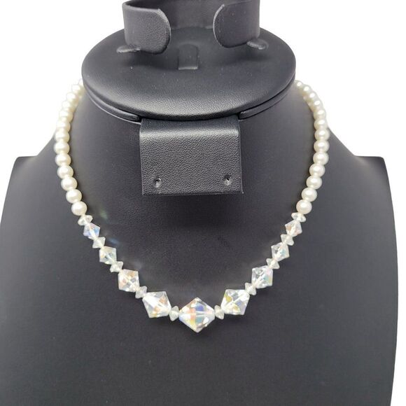 Vintage 50s AB Crystals Faux Pearl Choker Necklace Clear Aurora Borealis Japan - Picture 1 of 11
